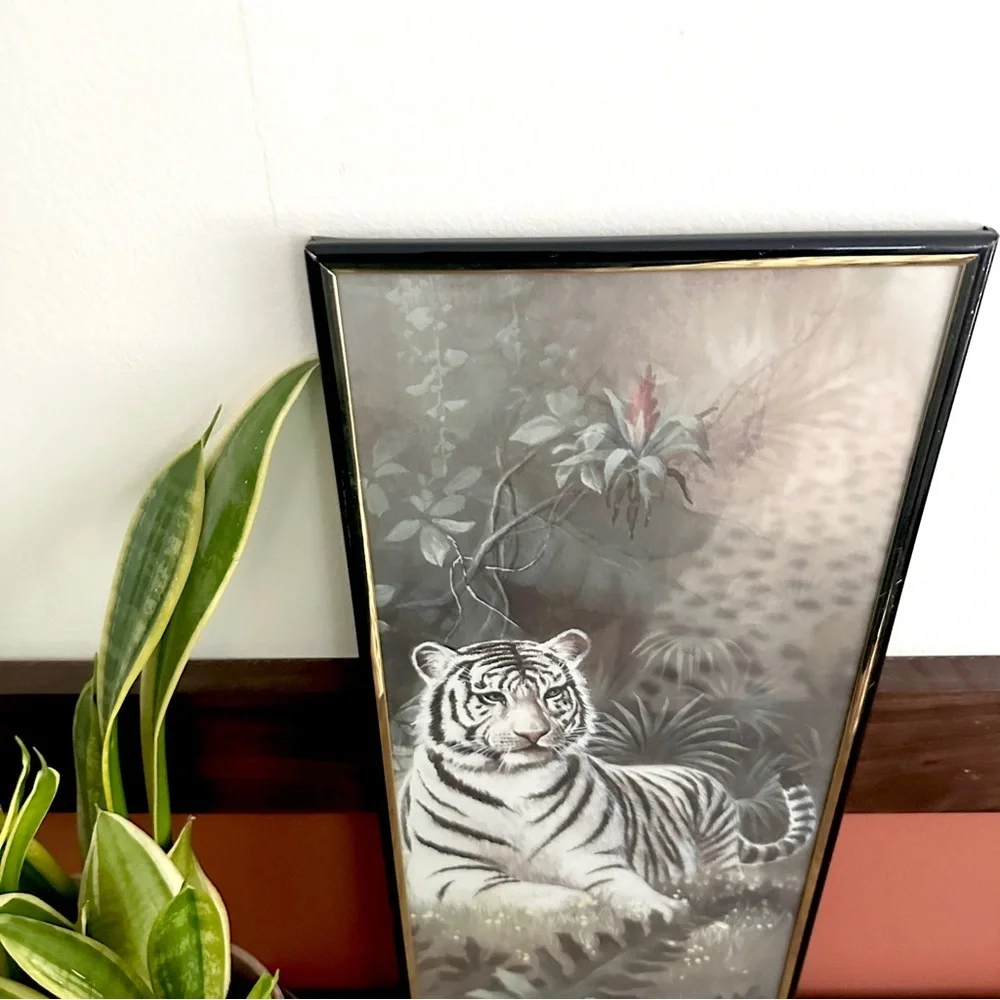 White Tiger in a Forest Art Framed Wall Art Vintage Asian Style 8x20” Home Decor